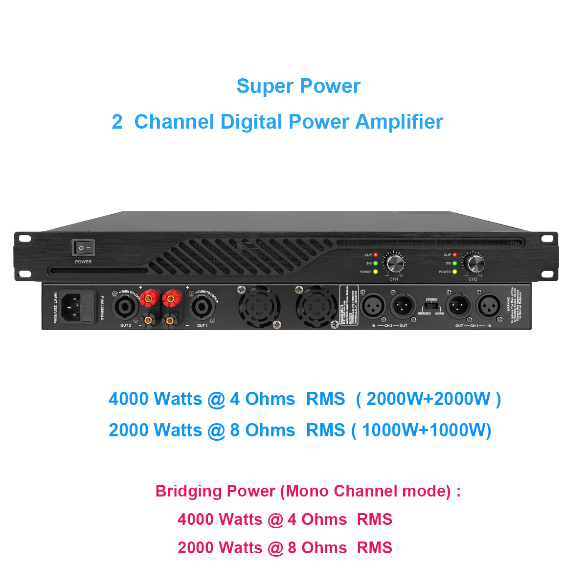 MiCWL CA4000 4000W 2-Channel Bridgeable Digital Pro Amplifier 1U