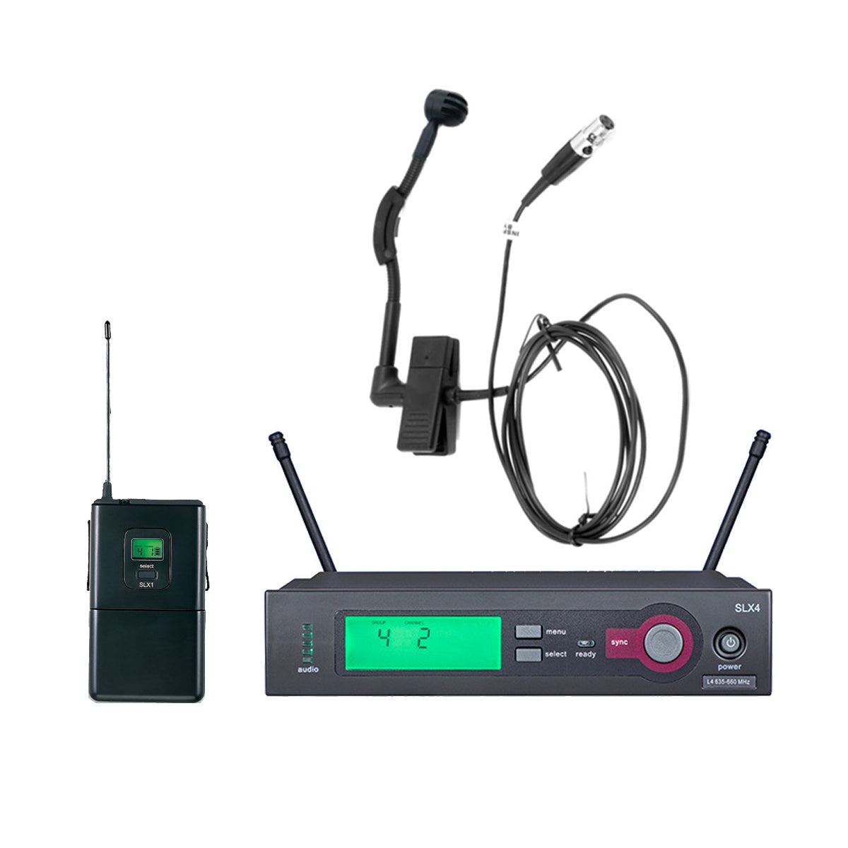 SLX14 Wireless UHF Instrument Mic System – Beta98 Clip-on, SLX1 Bodypack, SLX4 Receiver