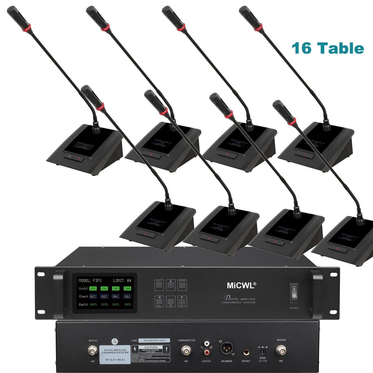 MiCWL A116 Digital Wireless Conference System – 16-Unit Gooseneck Desktop Microphone Kits