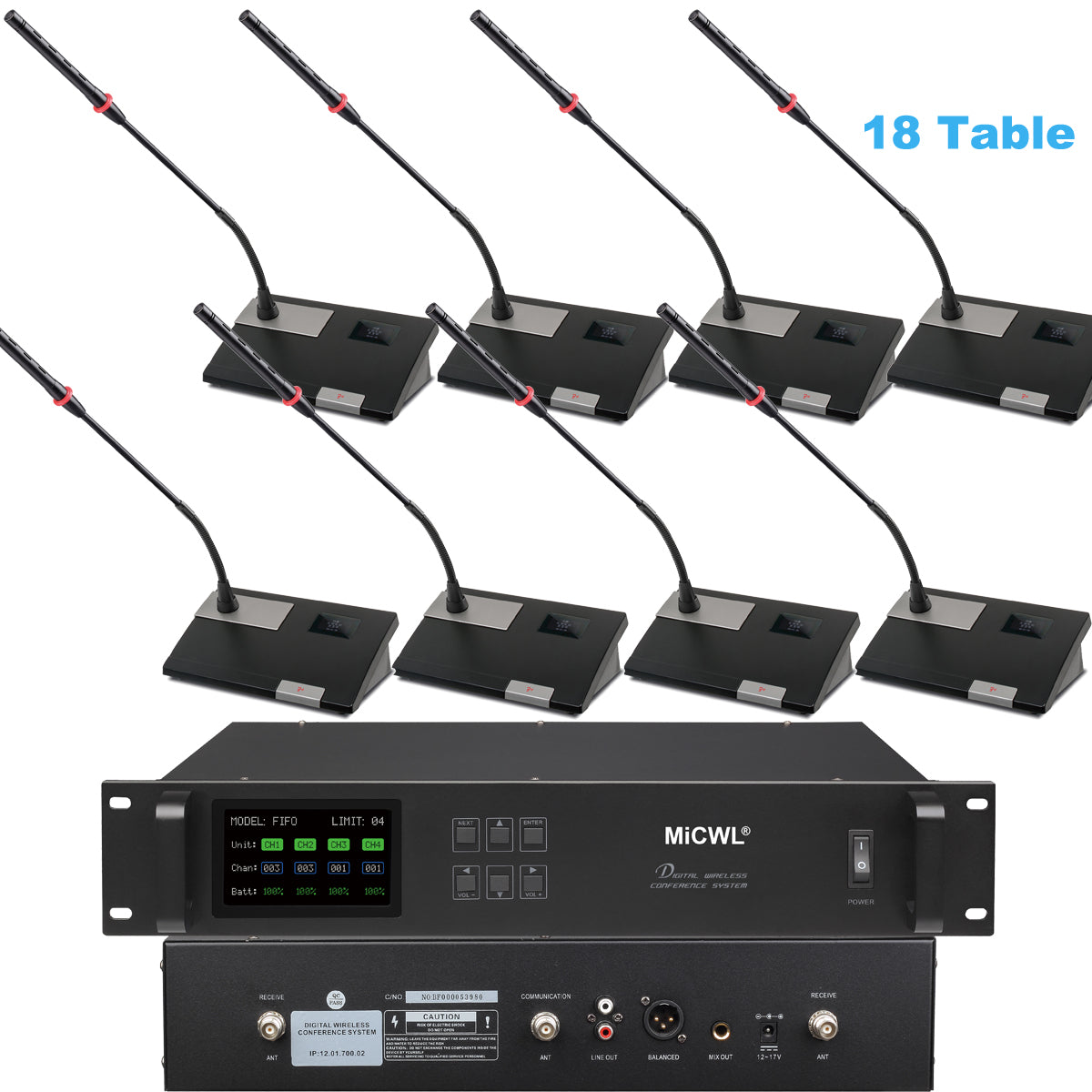 Pro 18pcs Table Digital Wireless Conference System with 18 Gooseneck Mics – Expandable to 300 Units for Government Corporate Boardroom MiCWL A112 Mode