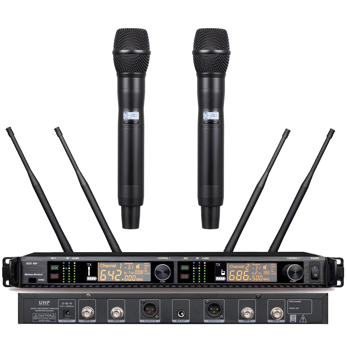 AD400 UHF Dual Channel Wireless Handheld Microphone System 4 Aerial 2 KSM9 Cardioid Handheld Sets