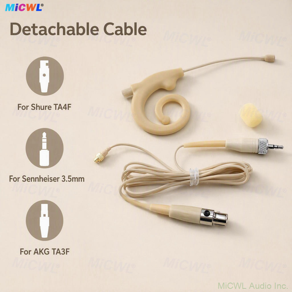 Beta-12 Beige Spiral Ear-Hook Omni Headset Mic Detachable Cable For Sennheiser Shure MiPro AKG Wireless Bodypack