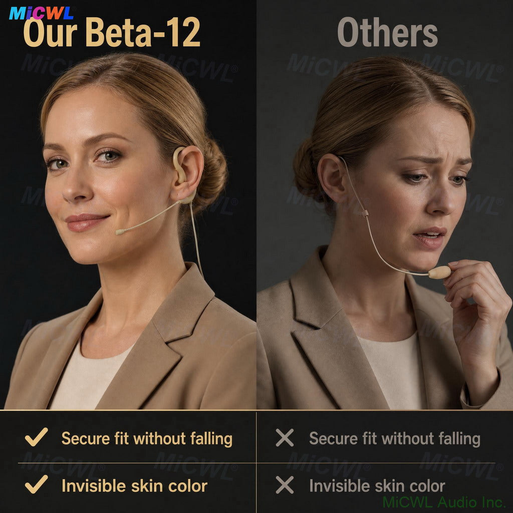 Beta-12 Beige Spiral Ear-Hook Omni Headset Mic Detachable Cable For Sennheiser Shure MiPro AKG Wireless Bodypack