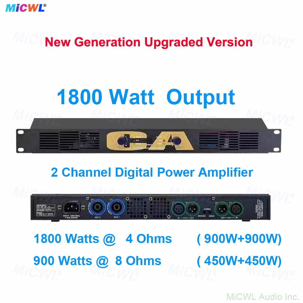 1800W 2-Channel 1U Digital Power Amplifier – 450W RMS per Channel @ 8Ω, Rack-Mount for Stage, KTV, Bar