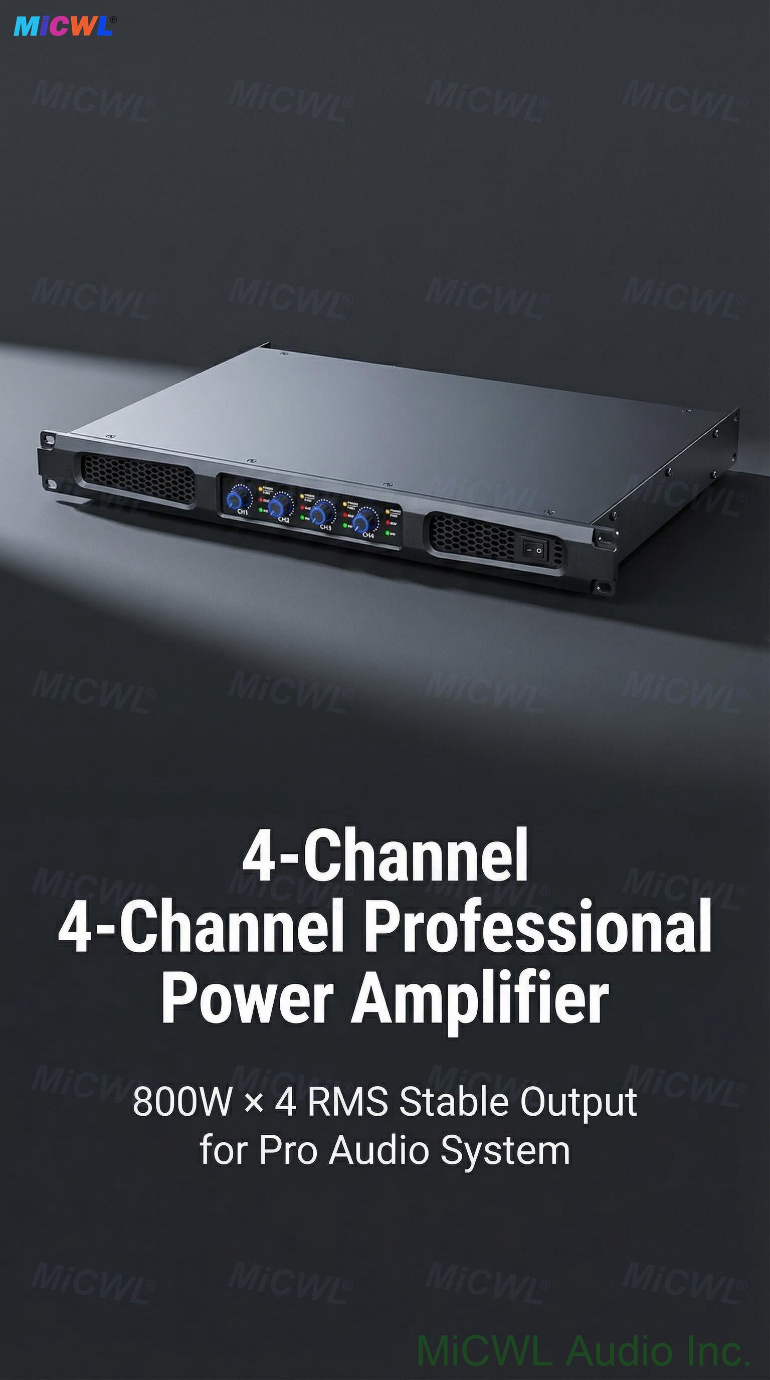 MiCWL CA6400 4-Channel 3200W RMS Digital Pro Amplifier 1U Rack Mount