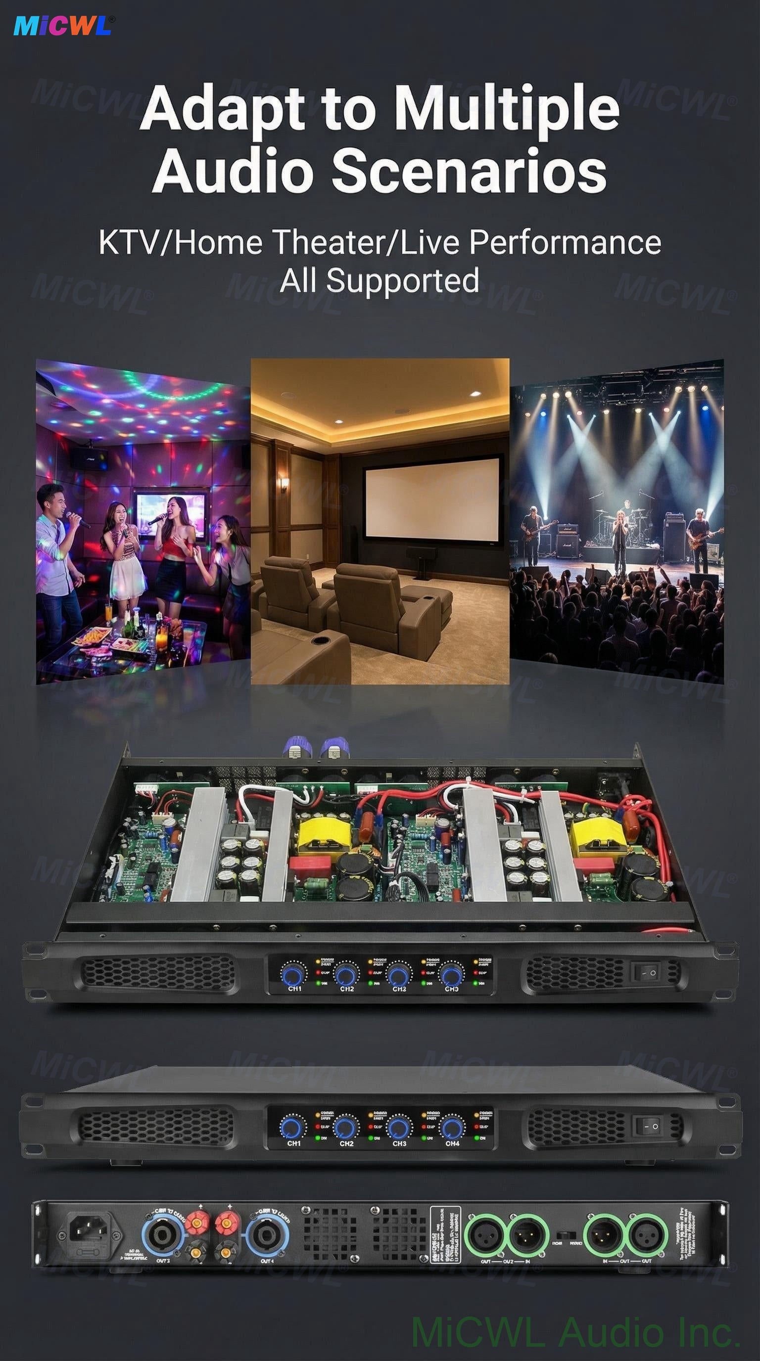 MiCWL CA6400 4-Channel 3200W RMS Digital Pro Amplifier 1U Rack Mount