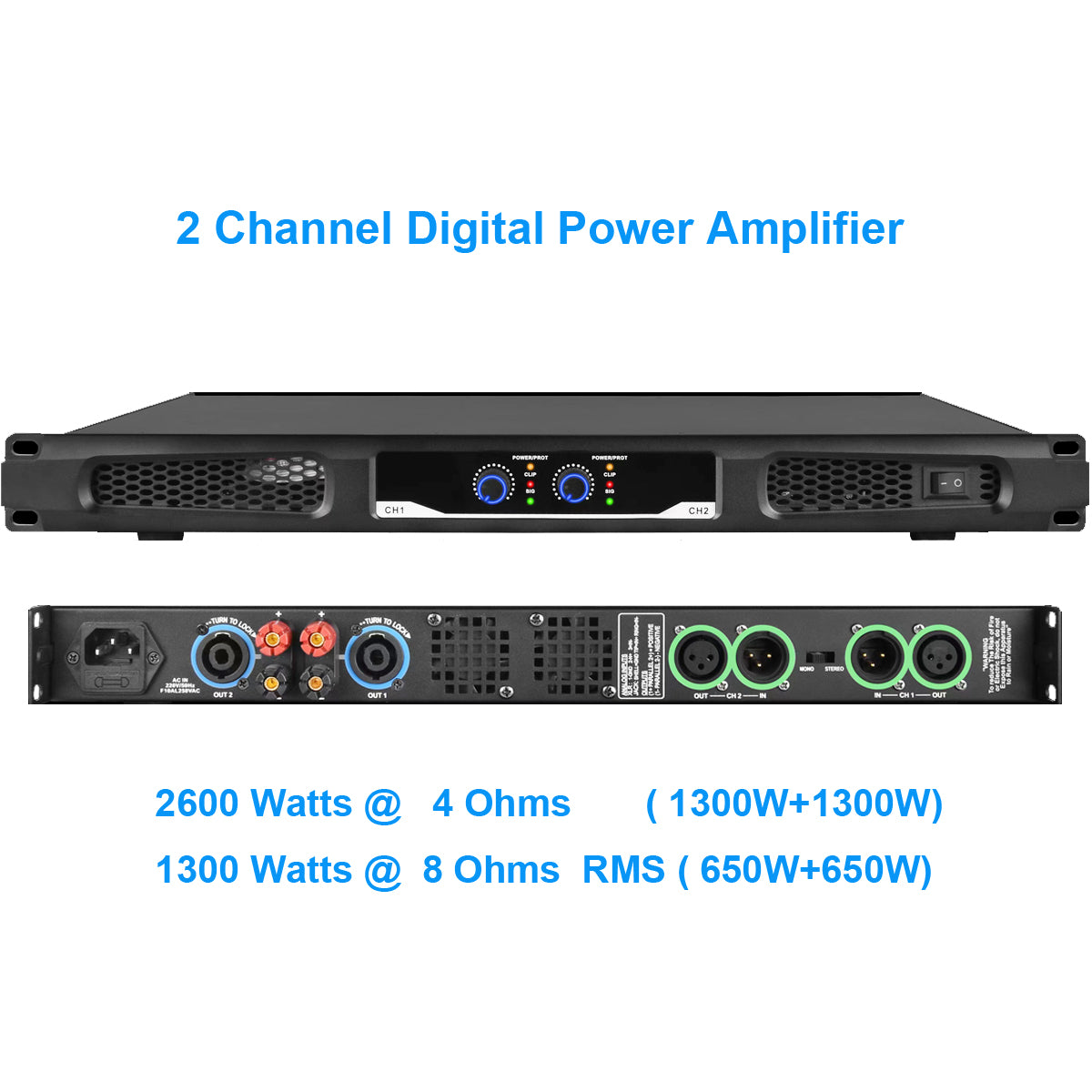 Professional XLC-21300 2 Channel Digital Power Amplifier 2600W For Stage DJ Karaoke 1U Rack