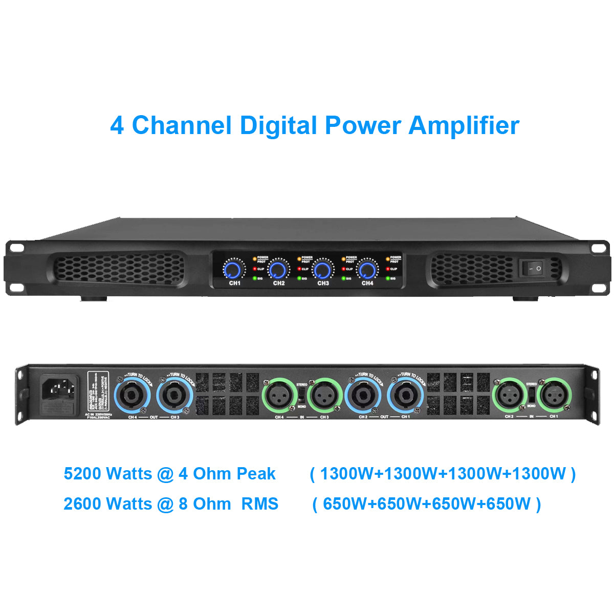 XLC4130 Professional 5200W 4-Channel Digital Power Amplifier 1U Rack For Stage Karaoke