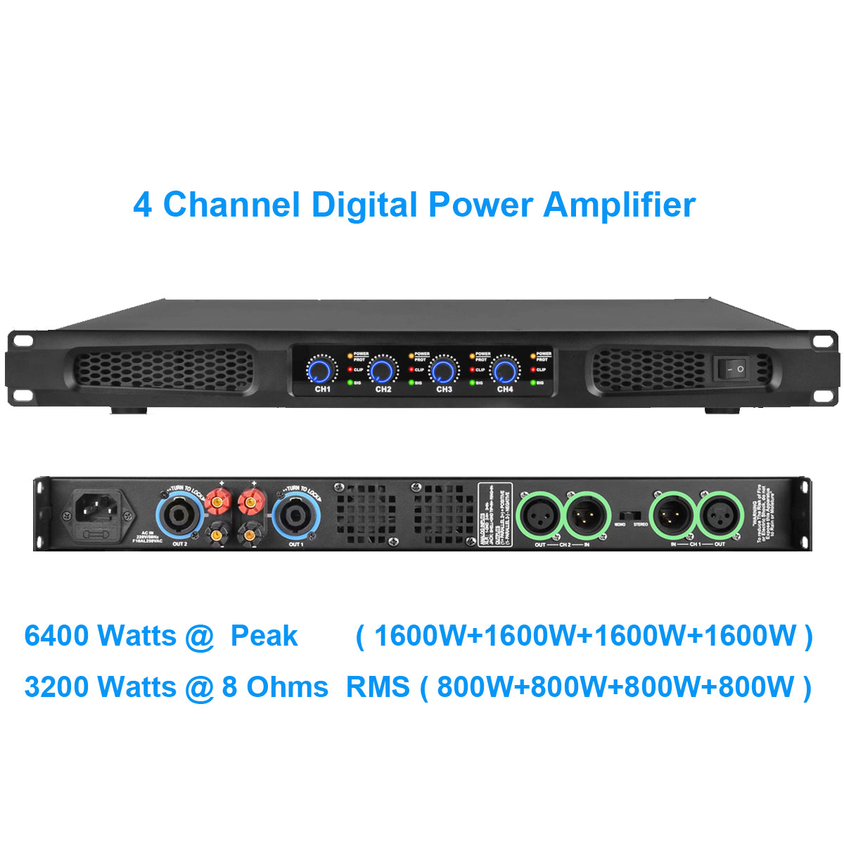 MiCWL CA6400 4-Channel 3200W RMS Digital Pro Amplifier 1U Rack Mount