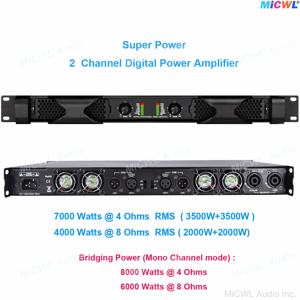 MiCWL PX7000 7000W 2-Channel Pro Digital Power Amplifier 1U Bridgeable For Subwoofer Stage Big Speaker