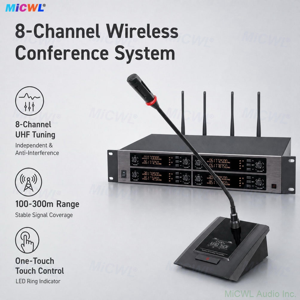 MiCWL D3900 8-Channel Wireless Gooseneck Conference System 8x A116 LED Desktop Microphone