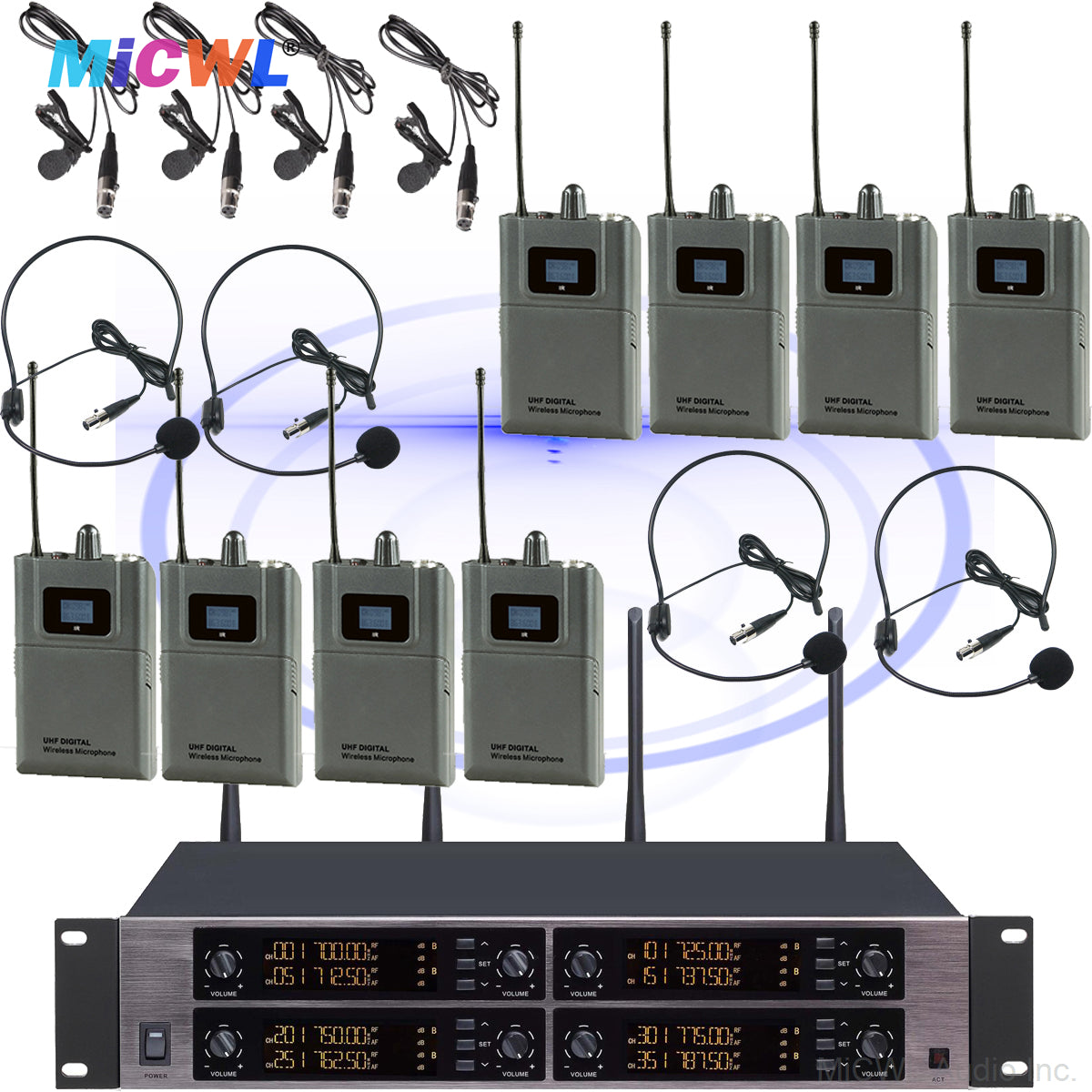 MiCWL D3900 8-Channel Digital Wireless 8 Bodypack System 8 Lavalier 8 Headset Microphone