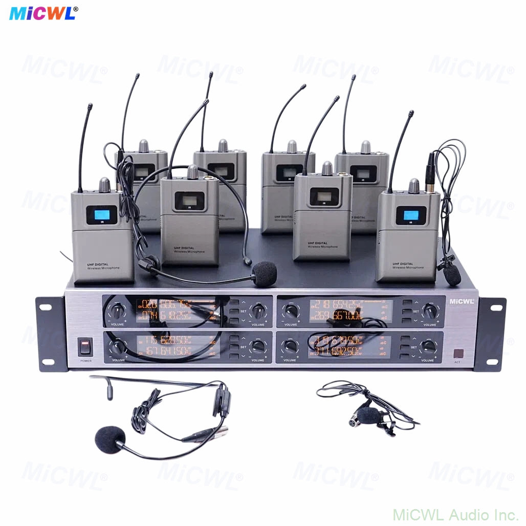 MiCWL D3900 8-Channel Digital Wireless 8 Bodypack System 8 Lavalier 8 Headset Microphone