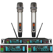 Digital 9000 Dual-Channel UHF Wireless Microphone System – 2 Silver Metal Handheld Mics, 300–600m Range, 1U Rack Receiver
