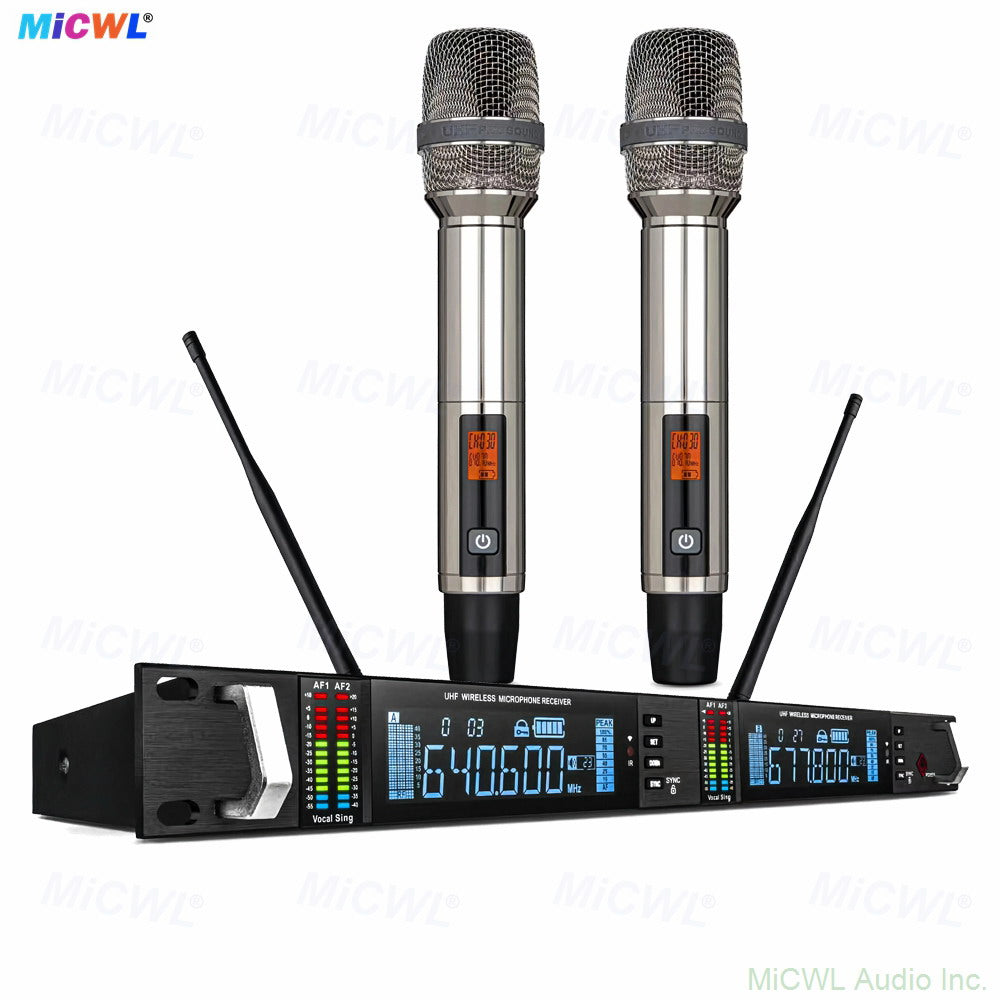 Digital 9000 Dual-Channel UHF Wireless Microphone System – 2 Silver Metal Handheld Mics, 300–600m Range, 1U Rack Receiver