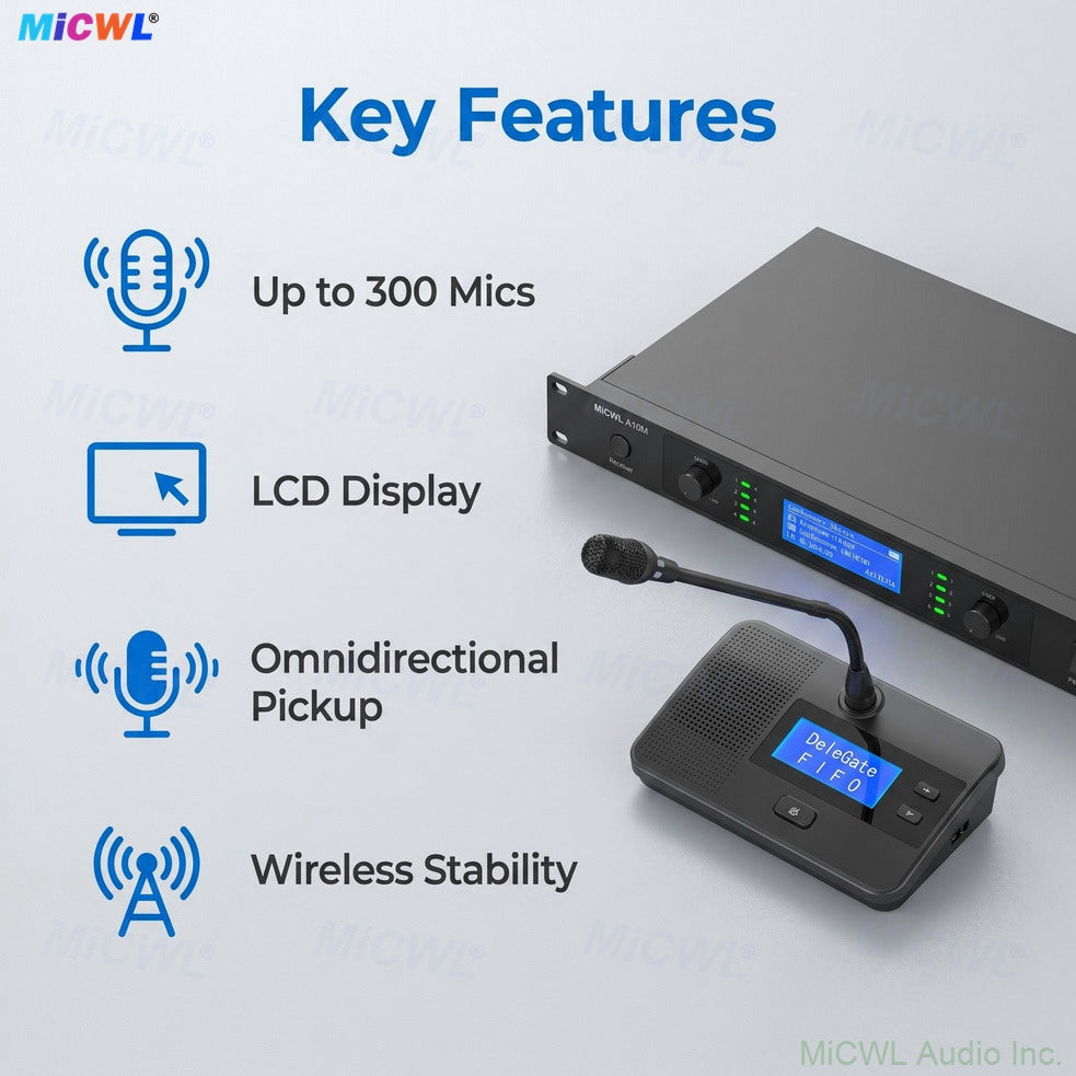 A105 Rechargeable Digital Wireless Conference 25 Microphone System – 25 Square Mics, 1 Chairman + 24 Delegates, MiCWL A10M Series