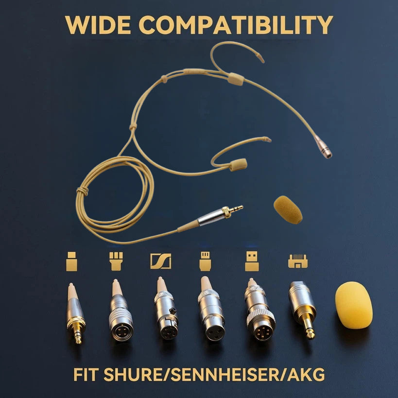 DH60 Beige Cardioid Headset Microphone for Shure Sennheiser MiPro TA4F TA3F Wireless Bodypacks & 3.5mm PC