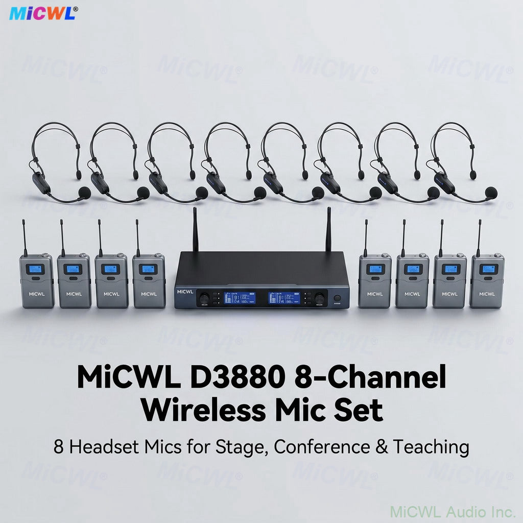 MiCWL D3800 8-Channel Wireless Headset Mic System with 8 Bodypacks Headset Microphone Kits