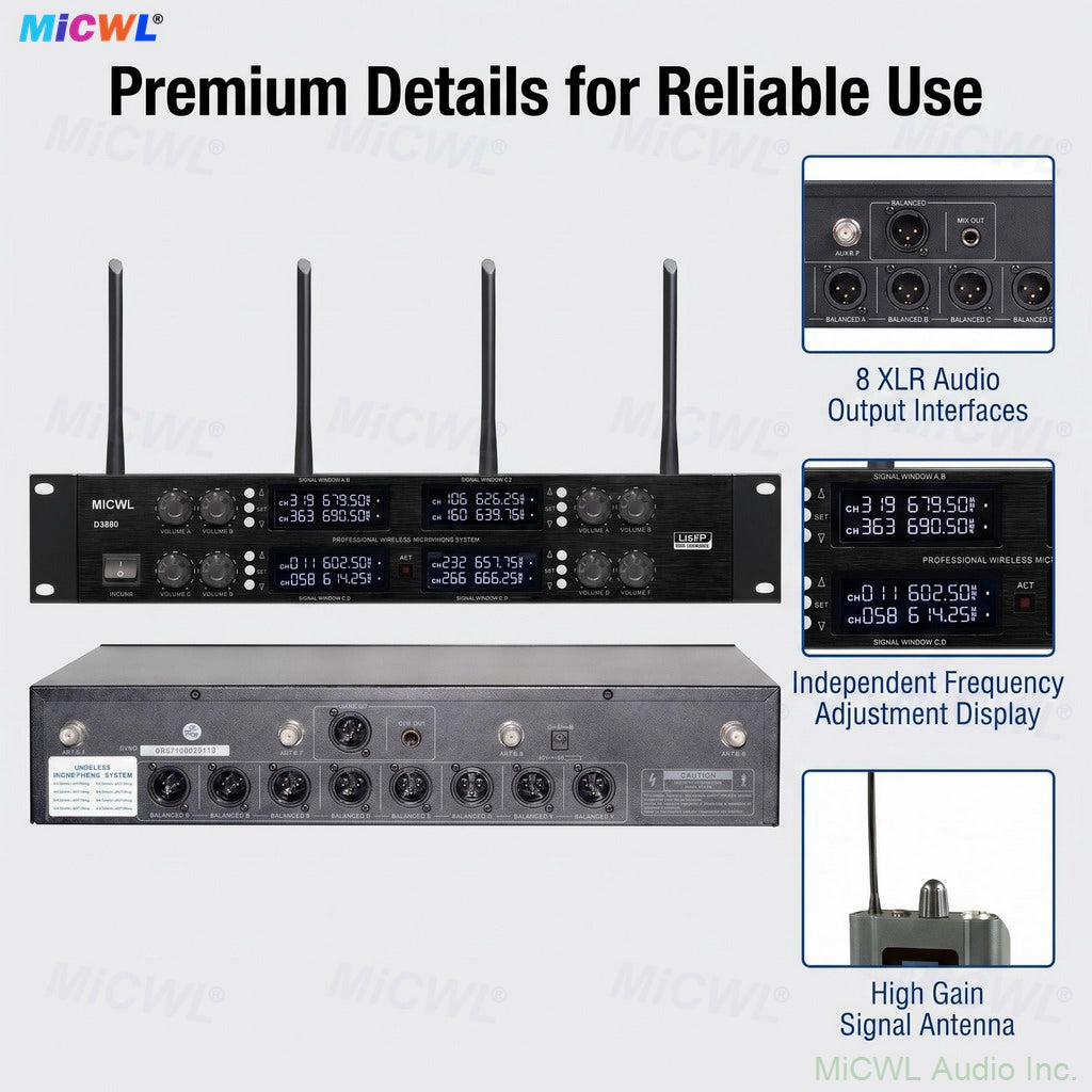 MiCWL D3800 8-Channel Wireless Headset Mic System with 8 Bodypacks Headset Microphone Kits