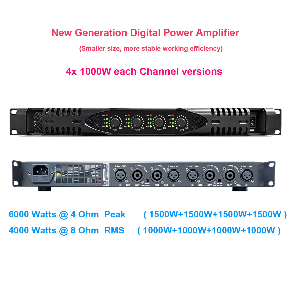 PX40 6000W 4-Channel Digital Pro Power Amplifier 1U Rack AMP 4x 1000W
