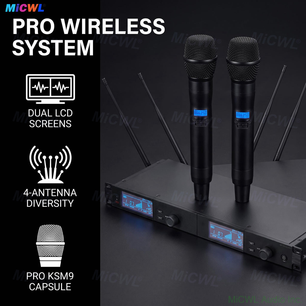 Pro ULXD4D 200 Channel UHF Wireless Microphone System 1 ULXD4D Receiver 2 x KSM9 Handheld Mics 4 Antennas Dual LCD Metal Body