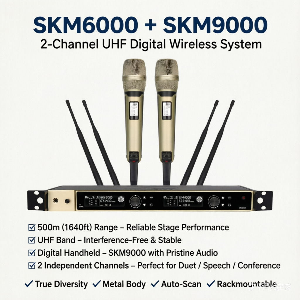 EW6000 Dual-Channel Digital Wireless Microphone System – SKM6000 Receiver + 2× SKM9000 Handheld Mics, 300 Channels, True Diversity