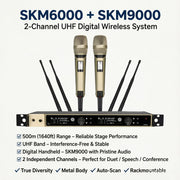 EW6000 Dual-Channel Digital Wireless Microphone System – SKM6000 Receiver + 2× SKM9000 Handheld Mics, 300 Channels, True Diversity