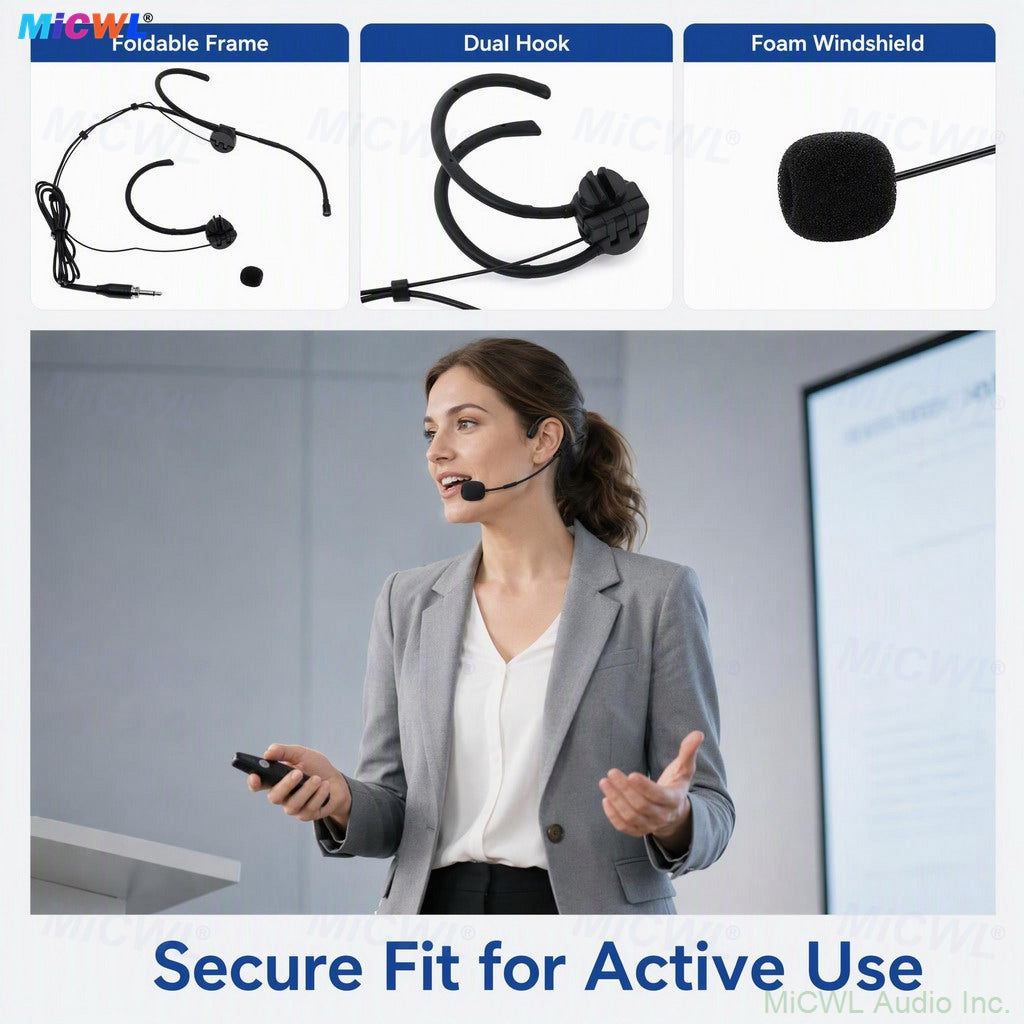 WBH53 Black Foldable Dual-Ear Headset Microphone for Shure Sennheiser AKG MiPro Wireless Bodypacks