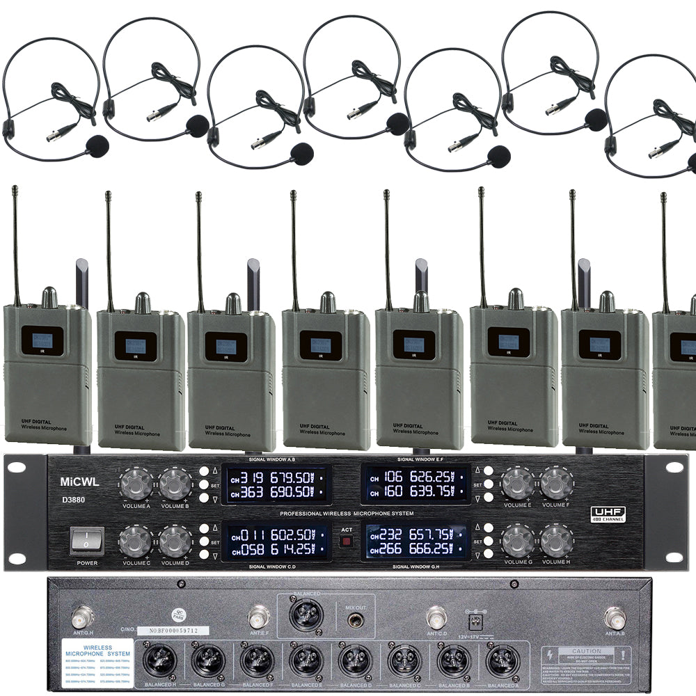 MiCWL D3800 8-Channel Wireless Headset Mic System with 8 Bodypacks Headset Microphone Kits