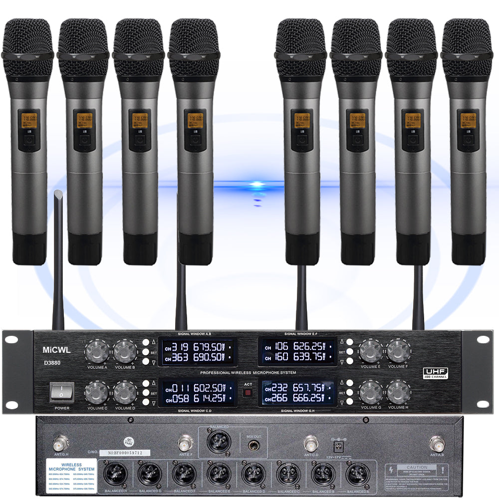 MiCWL D3800 8-Channel Wireless Handheld Microphone System - 1-to-8 Metal Mics