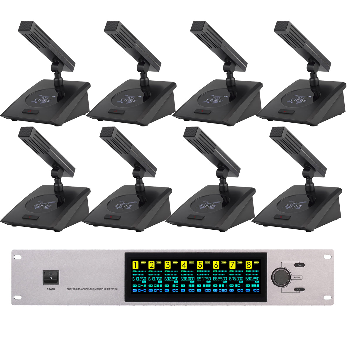 MiCWL High Quality 8 Desktop Conference Digital LED Wireless Microphone System 8 Goosenec 400 Channel Adjustable UHF Frequency