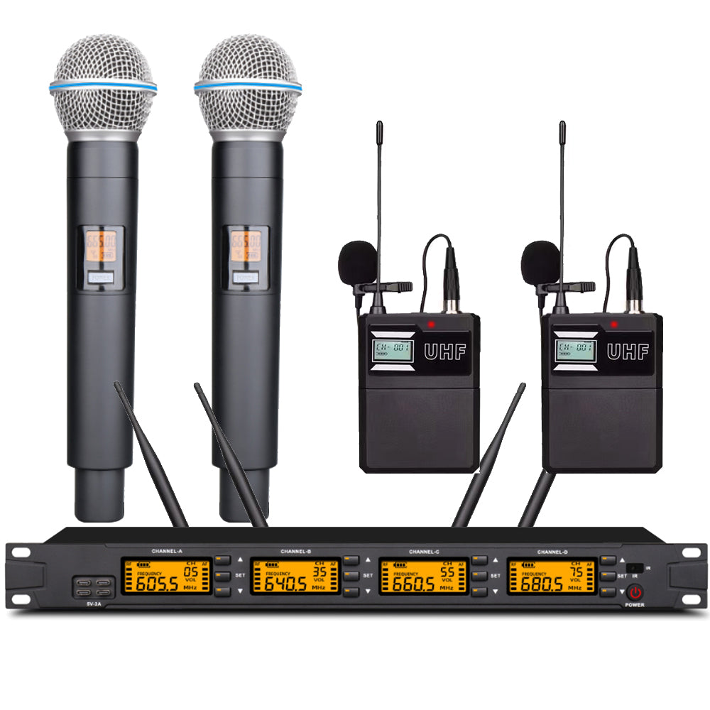 MiCWL W400 4-Channel UHF Wireless Microphone System 2 Handheld 2 Lavalier Kits