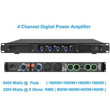 1U 4-Channel Digital Power Amplifier: 6400W Peak 800W RMS Professional Audio AMP for Home Karaoke, Subwoofer & DJ Equipment