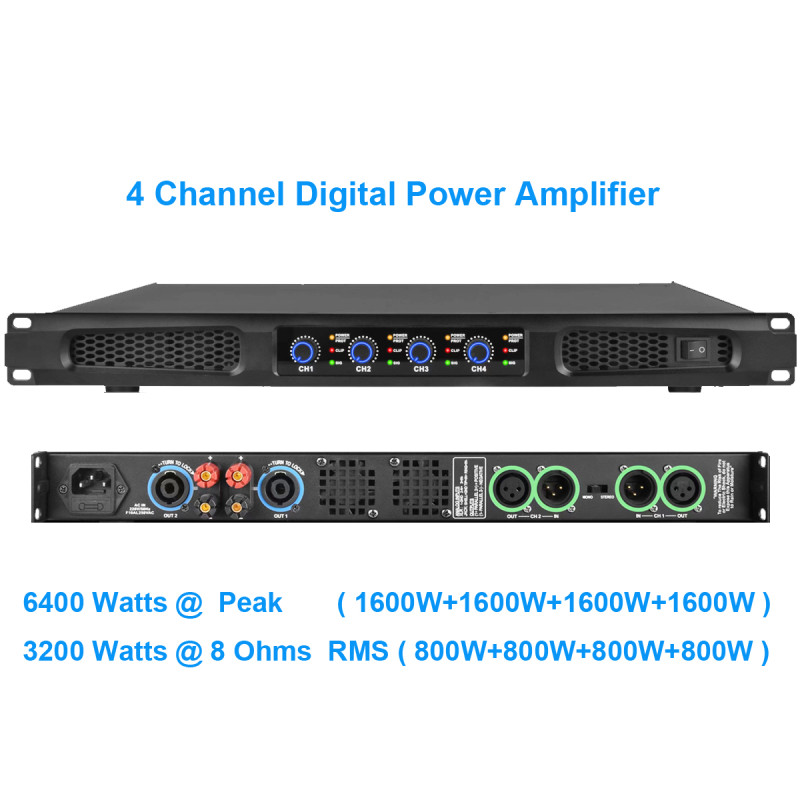 1U 4-Channel Digital Power Amplifier: 6400W Peak 800W RMS Professional Audio AMP for Home Karaoke, Subwoofer & DJ Equipment