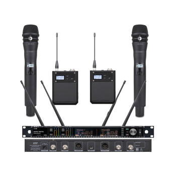 AD4D Dual Channel Digital Wireless Microphone System Receiver 2 KSM8 Handheld and 2 BodyPack with Lavalier Mics AD4D Dual Channel Digital Wireless Microphone System Receiver 2 KSM8 Handheld and 2 BodyPack with Lavalier Mics