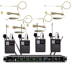 AD4Q 4-Channel Digital Wireless Microphone System - 4x Beige Omnidirectional Headset Mics, Lightweight Set for Singing, Theater, Church