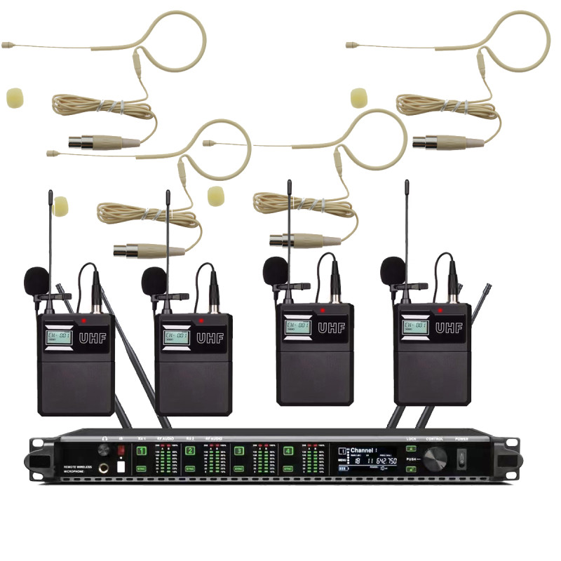 AD4Q 4-Channel Digital Wireless Microphone System - 4x Beige Omnidirectional Headset Mics, Lightweight Set for Singing, Theater, Church