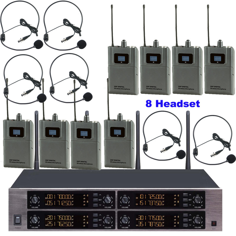 MiCWL D3900 8-Channel Digital UHF Wireless Microphone System 8 Headset 8 Lavalier Mics 8x50 Freq Groups (400+ Channels) Encrypted Audio for Stage Church School Karaoke DJ Live Streaming